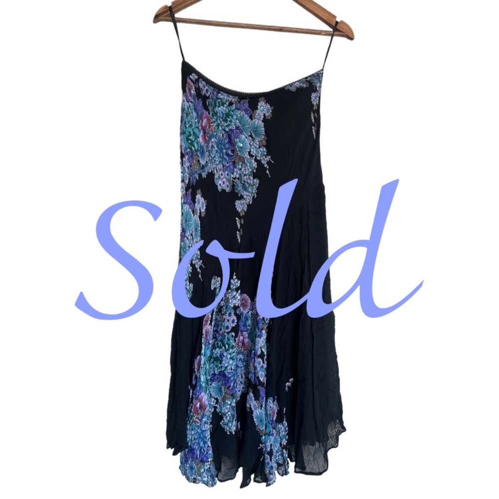 Lola P. Woman Black Floral Beaded Handkerchief Hem Sequin Dress Boho Lined M/L